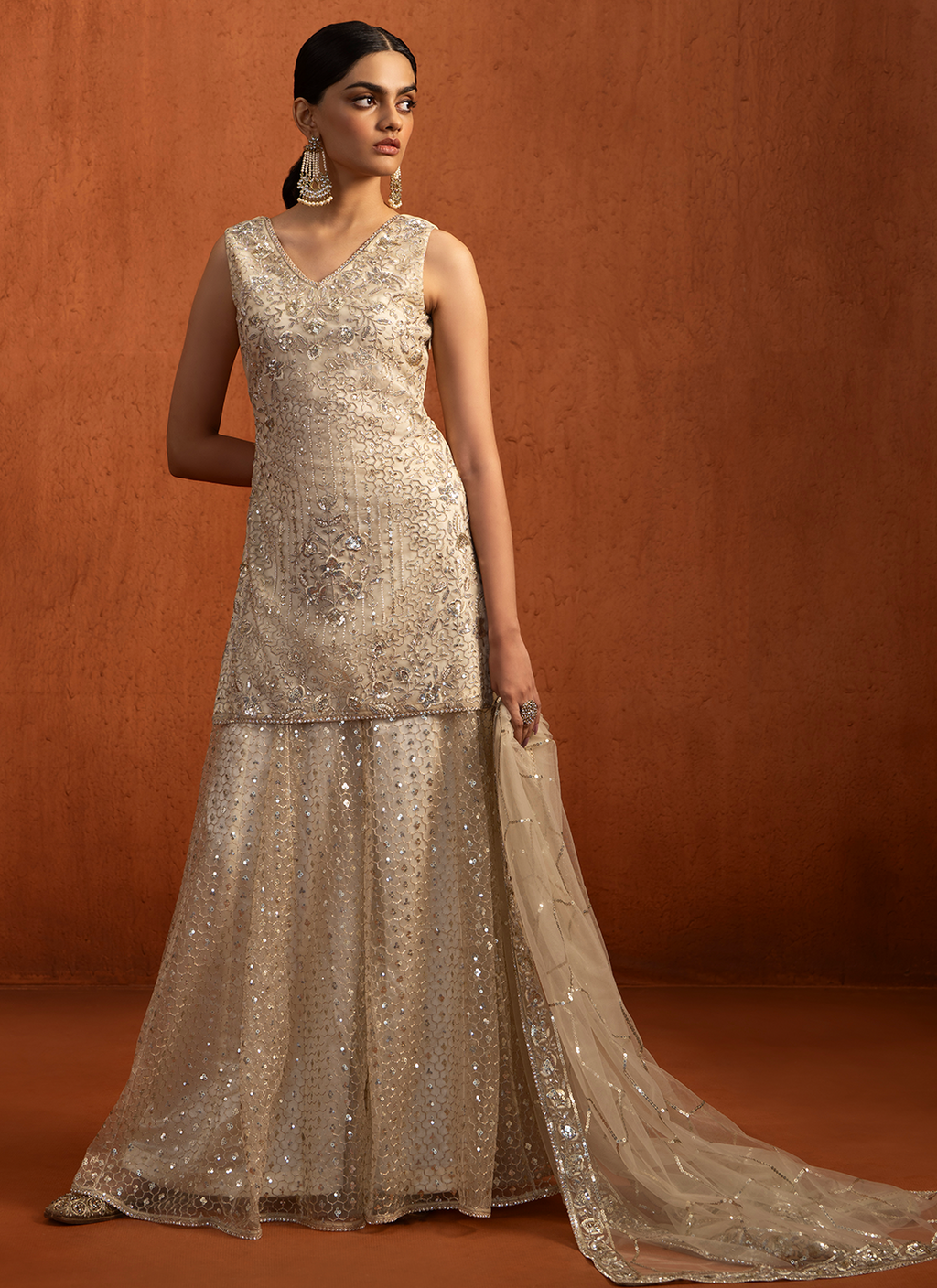 Ivory Embroidered Net Sharara Suit