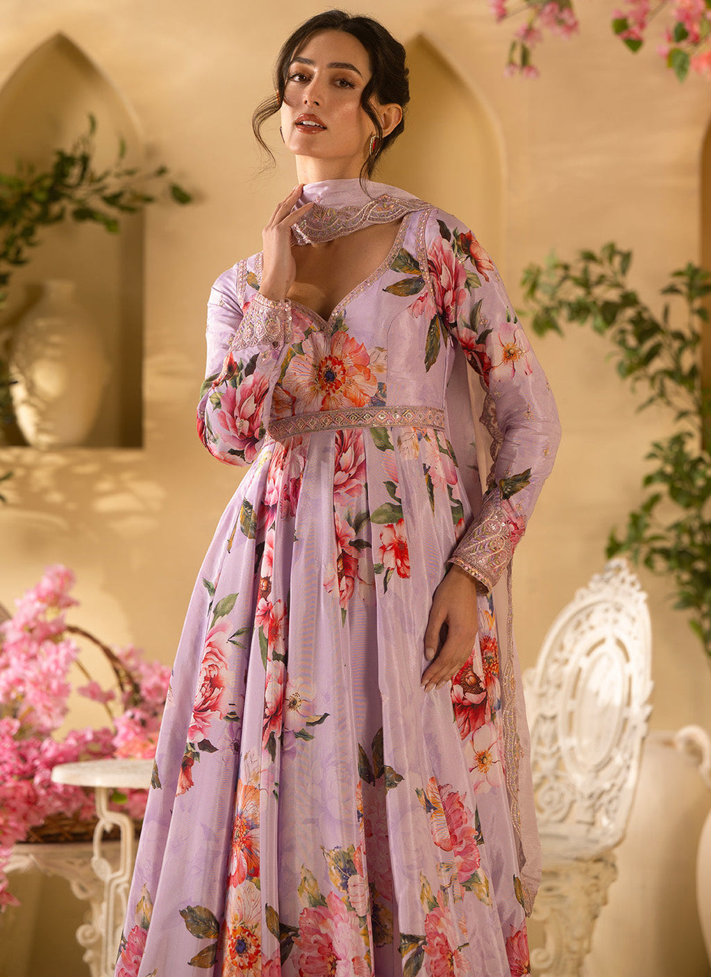 Lilac Floral Embroidered Satin Georgette Anarkali Suit